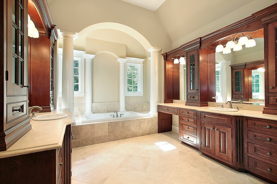 Image is of a modern bathroom with a functional lighting design.